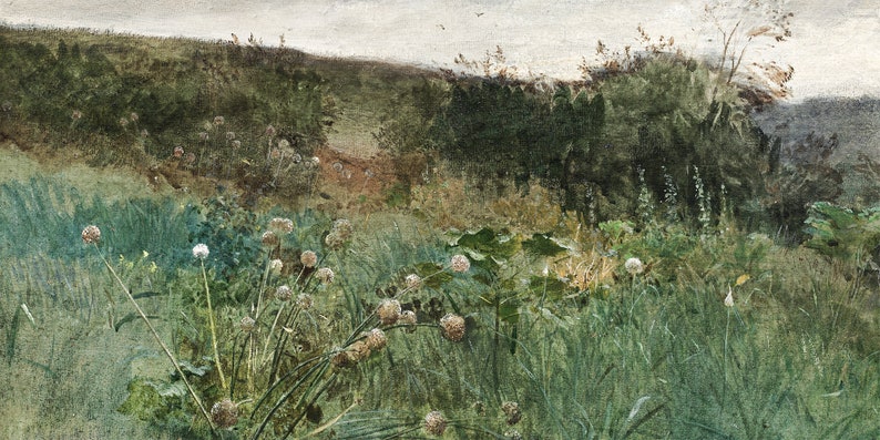 May include: An impressionistic painting of a field with tall green grass, various wildflowers, and a distant treeline. The sky is overcast, and the overall color palette is muted greens, browns, and whites.