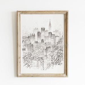 Vintage New York Sketch Skyline / New York City Panoramic Sketch / NY Architecture Drawing / New York Poster / Cityscape Drawing of New York