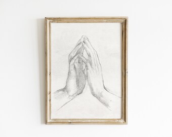 May include: A framed pencil drawing of two hands clasped together in prayer.