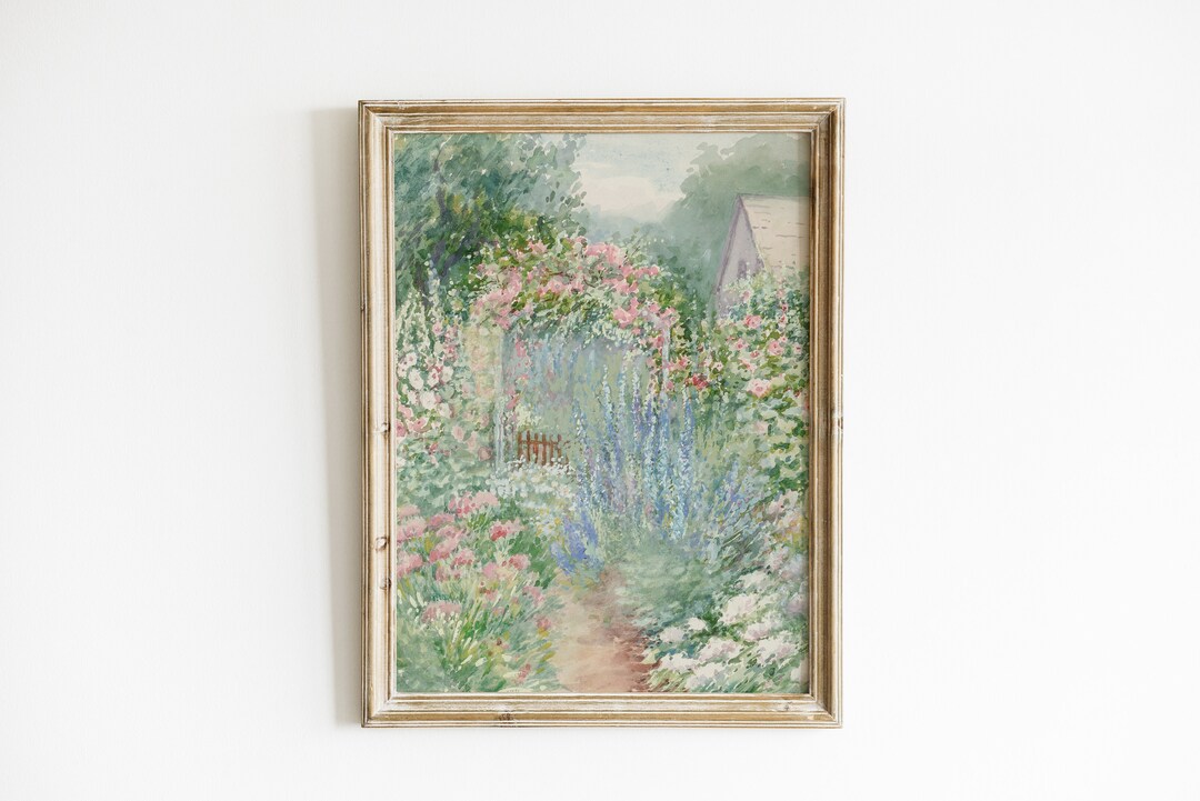 French Garden Watercolor Painting | Vintage Floral Cottage Landscape ...
