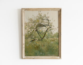 Vintage Peach Tree Painting | Antique Nature Painting |  White Flower Blossoms | Antique Country Landscape Art | Digital Download