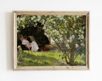 Vintage Woman Reading in Rose Garden Oil Painting | French Country Printable Art (Digital Download)
