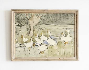 Vintage Geese Watercolor Painting | Rustic Farmhouse Print (Digital Download)