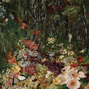 Pode incluir: Uma pintura de uma floresta verdejante com uma variedade de flores coloridas em primeiro plano. As flores est&atilde;o dispostas em um grupo solto e natural, e as cores s&atilde;o vibrantes e ricas. A pintura &eacute; feita em um estilo solto e impressionista, com pinceladas vis&iacute;veis.
