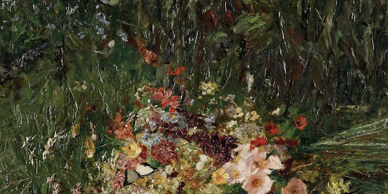 Pode incluir: Uma pintura de uma floresta verdejante com uma variedade de flores coloridas em primeiro plano. As flores est&atilde;o dispostas em um grupo solto e natural, e as cores s&atilde;o vibrantes e ricas. A pintura &eacute; feita em um estilo solto e impressionista, com pinceladas vis&iacute;veis.