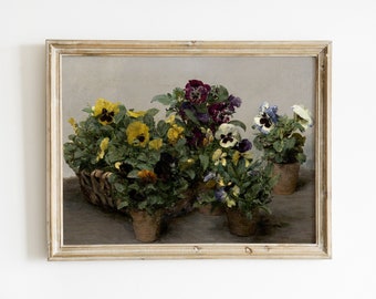 Vintage Pansies Violet Oil Painting | Pansies in Terracotta Vase | Antique Floral Wall Art | Flowers Print | Botanical Art Instant Download