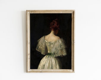 May include: A framed oil painting of a woman in a white dress with a green sash. The woman is facing away from the viewer and has her hair pulled back. The painting is set against a dark background.