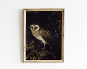 Owl at Night | Vintage Nocturnal Owl Oil Painting | Antique Bird Wall Decor | Dark Black Moody Art | Digital Download Printable