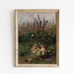 Pode incluir: Uma pintura a &oacute;leo emoldurada que retrata um buqu&ecirc; de flores silvestres em um campo. As flores s&atilde;o uma mistura de rosa, branco e amarelo, e o campo &eacute; um verde exuberante.