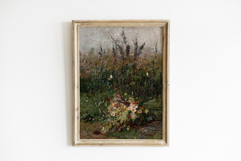 Pode incluir: Uma pintura a &oacute;leo emoldurada que retrata um buqu&ecirc; de flores silvestres em um campo. As flores s&atilde;o uma mistura de rosa, branco e amarelo, e o campo &eacute; um verde exuberante.