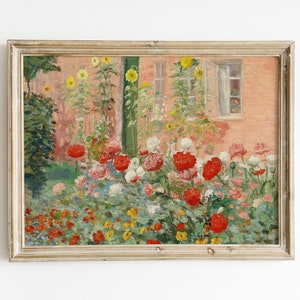 French Cottage Vintage Country Landscape Flower Garden Painting | French Antique Oil Painting | Farmhouse Painting | DIGITAL PRINTABLE Art