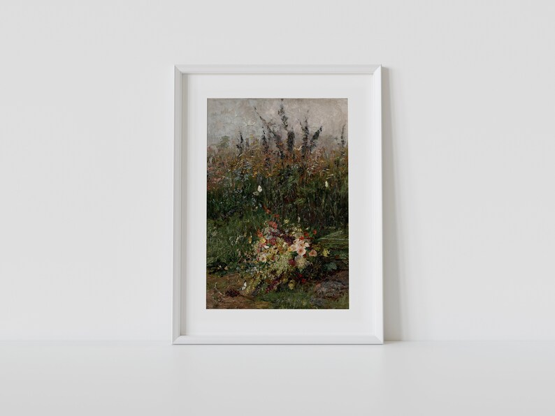 Pode incluir: Uma pintura emoldurada de um buqu&ecirc; de flores silvestres em um campo. As flores s&atilde;o uma mistura de rosa, branco e amarelo, e o campo &eacute; um verde exuberante.