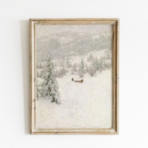 Vintage Winter Painting | Winter Landscape print | Antique Winter Wall Decor | Snowy Landscape painting | Snow Sled Printable | Holiday Art