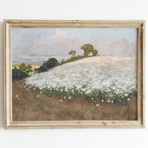 Vintage French Country Cottage Landscape | White Flower Garden Painting | French Antique Oil Painting | Farmhouse Decor | DIGITAL PRINTABLE