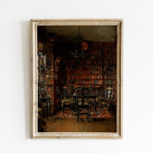 Arte de parede imprimível da Dark Academia - Impressão de biblioteca vintage, pintura a óleo antiga, decoração de parede vitoriana temperamental
