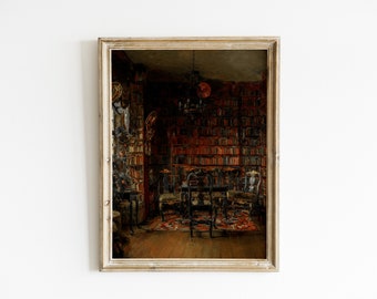 Vintage Library Print – Dark Academia Antique Oil Painting (Digital Download)