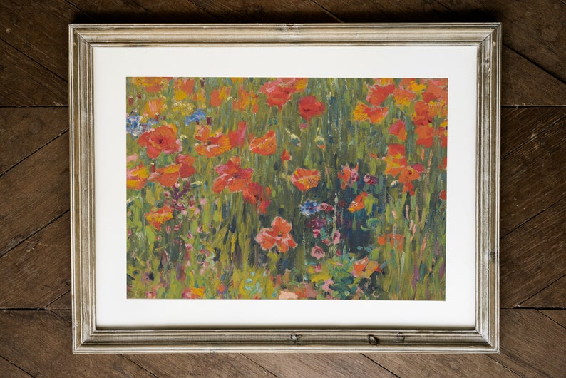 Poppies in the Field Vintage Floral Landscape Antique Oil Painting Wildflowers Farmhouse Wall Art Poppy Garden Downloadable Print image 6