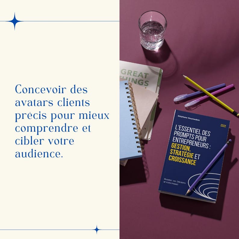 K&ouml;nnte beinhalten: Eine flache Ansicht einer rosa Oberfl&auml;che mit einem blauen Notizbuch, einem Buch mit dem Titel "L'ESSENTIEL DES PROMPTS POUR ENTREPRENEURS: GESTION, STRAT&Eacute;GIE ET CROISSANCE", einem Glas Wasser und mehreren Stiften und Bleistiften.