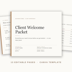 Peut inclure: Un modèle numérique de dossier d'accueil client avec un fond blanc et des accents marron. La page de couverture présente le texte Client Welcome Packet, Everything you need to know before we get started, et des espaces pour les détails.