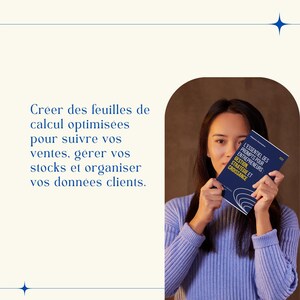 K&ouml;nnte beinhalten: Eine Frau in einem lila Pullover h&auml;lt ein blaues Buch mit dem Titel "L'ESSENTIEL DES PROMPTS POUR ENTREPRENEURS: GESTION, STRAT&Eacute;GIE ET CROISSANCE". Der Text auf dem Buch ist in Franz&ouml;sisch.