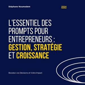 May include: A blue background with white text that reads "L'ESSENTIEL DES PROMPTS POUR ENTREPRENEURS: GESTION, STRATÉGIE ET CROISSANCE" in yellow. The text "Boostez vos Décisions et Votre Impact" is in white at the bottom of the image. The year "2024" is in yellow at the top right corner of the image. A white circle with concentric circles is in the bottom right corner of the image.