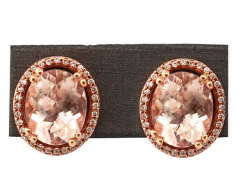 6.45ct Morganite and 0.30ct Diamond Stud Earrings in 14k Rose Gold