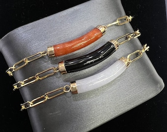 14k Real Yellow Gold Paper Clip Bracelet with Genuine Jade, 7&quot; for Strength, Luck and Good Health, Available in 3 Colors, Unique Design