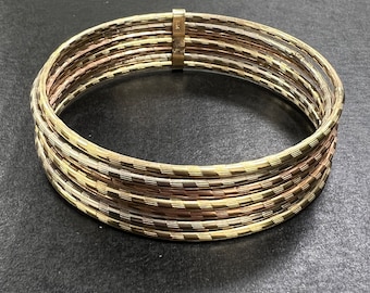 7 Day Stacking Bangle, Bracelet, 14k Tritone Gold, Textured Finish, Skinny Bangles Sold as Set, Real Gold not Plated, 25.5g, size 7.5