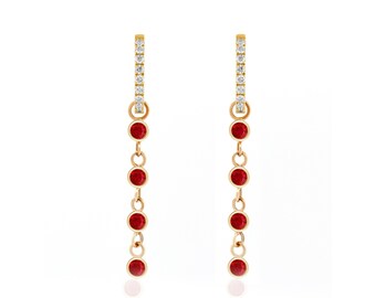 Drop Dangling Diamond and Ruby Tiny Hoop Earrings, Dainty, Trendy, Unique Earrings Style, Stackable Earrings, All Occasions, 14k Yellow Gold