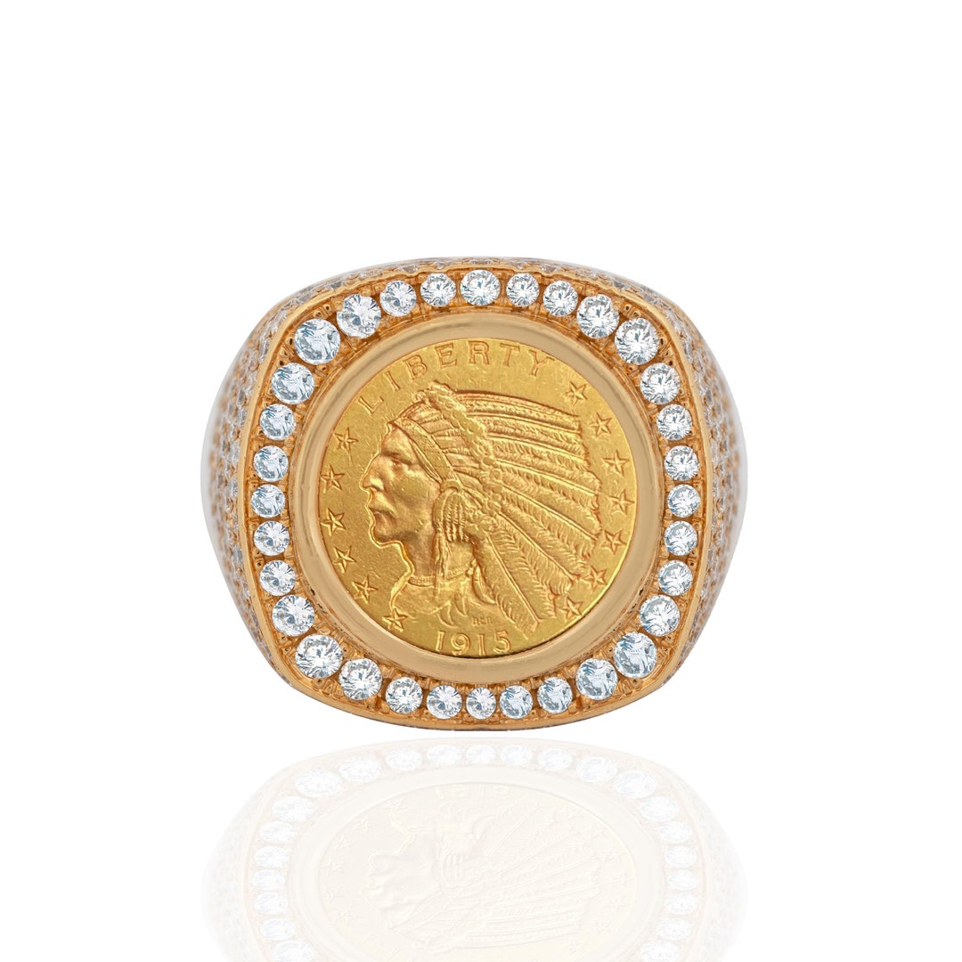 1915 1/4 Indian Head Coin Diamond Ring 3.79ct, Yellow Gold Statement ...