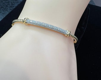 Twisted Diamond Pave Bar in the Center Ladies Bangle 14k Yellow Gold, Solid Gold, Classy Design, Natural Genuine Diamonds