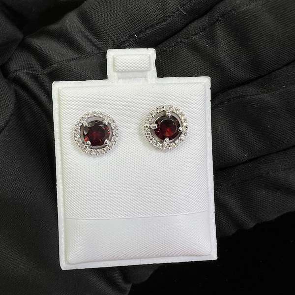 Round Cut Garnet Studs with Natural Diamonds Halo 14k White Gold, Birth Stone, Perfect gift for January Babies, Perfect for All Occasions
