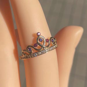 Colored Cubic Zirconia Crown Tiara Ring, Corona, 14k Yellow Gold, Not Plated, Not Filled, Real Gold for Ladies, Quinceanera Birthday Gift