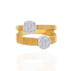 18k Yellow Gold Diamond Ring: Textured Double Band Statement Ring