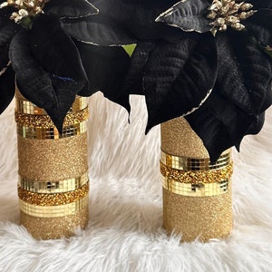 Many Colors Available Glam Vases {2 Variations Available} Glitter Mirror Tile Rhinestones Gold Home Centerpiece Coffee Table Decor
