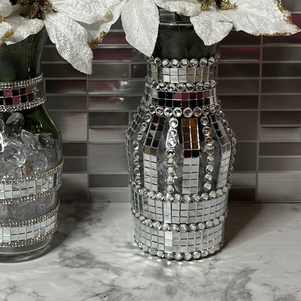 Glass Vase With Mirror Tile and Rhinestones, Luxury Home Decor, Bling Glass Vase, Wedding Table Centerpieces, Glam Decor Housewarming Gifts