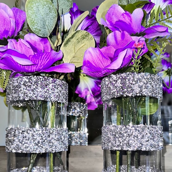 Crushed Diamond Rhinestone Vase  | Glass Cylinder Vase | Glam Home Decor | Coffee Table Centerpiece | Flower Vase | Silver Home Decor
