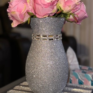 Glitter Textured Vase With Diamond Gem Tiles & rhinestones Centerpiece Wedding Decor Glam Coffee Table Accent Modern Silver Home Decor