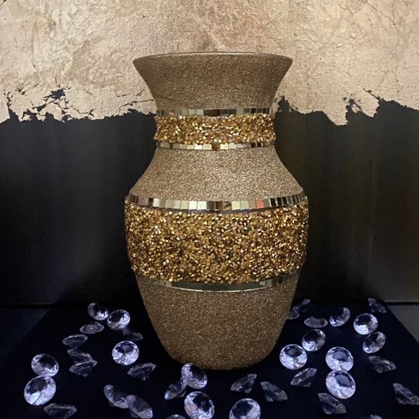 Gold Vase Mirror Tile Glitter Rhinestones Glam Home Decor Luxury Table Decor Centerpiece Gift