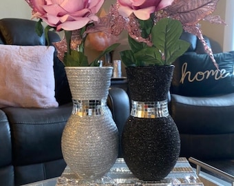 Luxury Glam Black & Silver Vase Set With Glitter, Glass Mosaic Mirror Tile, Home Decor, Table Centerpiece, Housewarming Gifts, Gifts For Her
