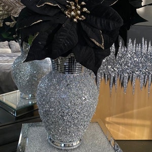 Glam Vase w/ Mosaic Mirror Tile Crushed Glass Silver & Holographic Bling Glitter Luxury Home Decor Table Centerpiece Silver Entryway Decor