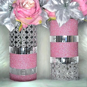 Vase Set With Mirror Tile, Glitter & Rhinestone Centered Flowers, Glam Home Decor, Coffee Table Centerpiece, Home Decor, Wedding Decor
