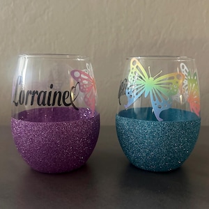 Stemless Glitter Butterfly Wine Glass | Personalized Glitter Wine Glass | Birthday Wine Glass | Birthday Gifts | Anniversary Gifts