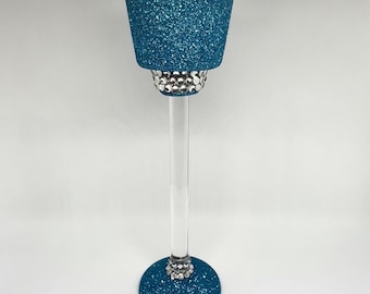 Long-Stem Glass Tea Light Candle Holder Many Colors Available, Diamond Home Decor, Glitter Home Decor, Crystal Decor, Glam Decor