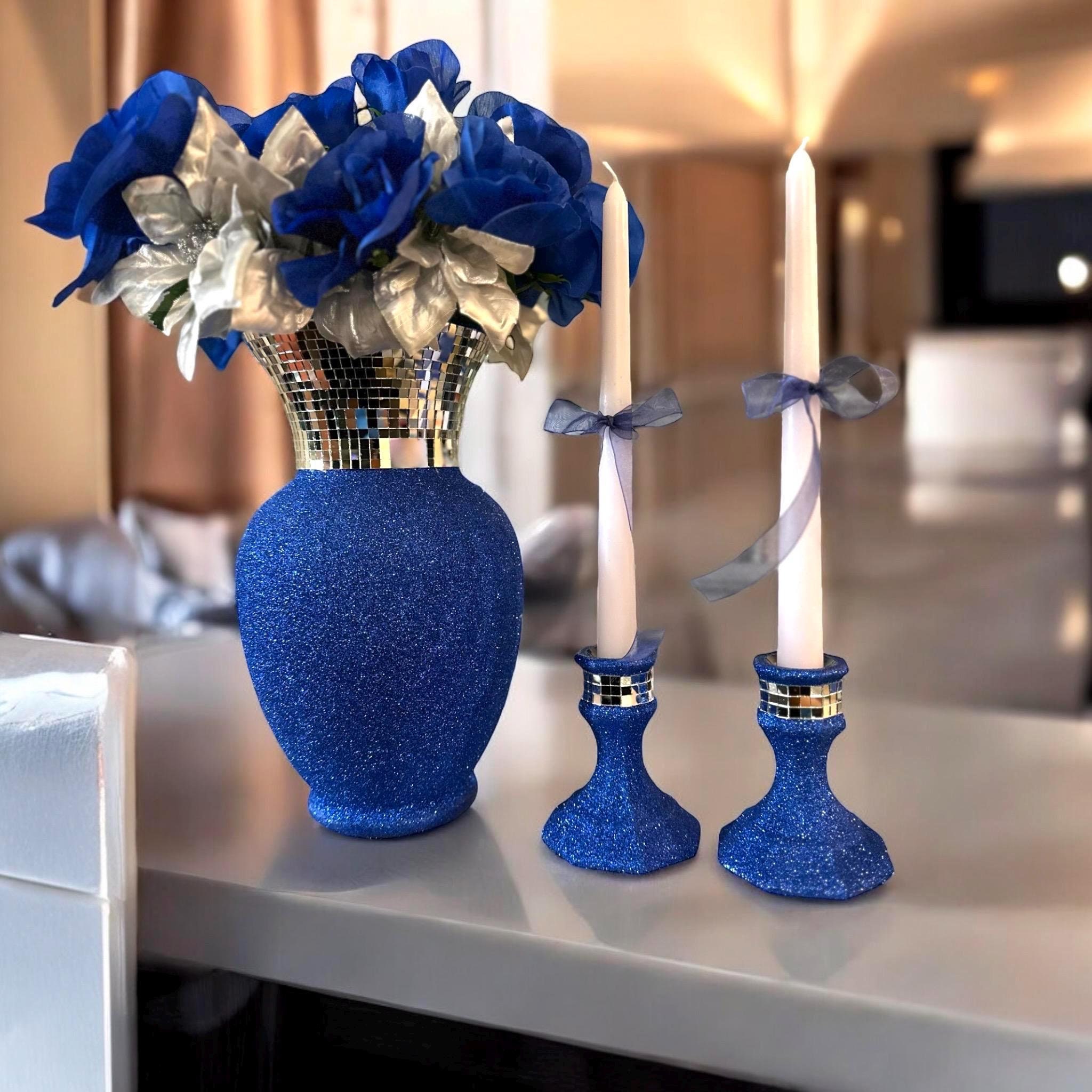 SET - Elegant Glitter Vase Embellished With Mirror Tile | Table Decor | Bouquet Vase | Flower Vase | Table Centerpiece | Glam Home Decor