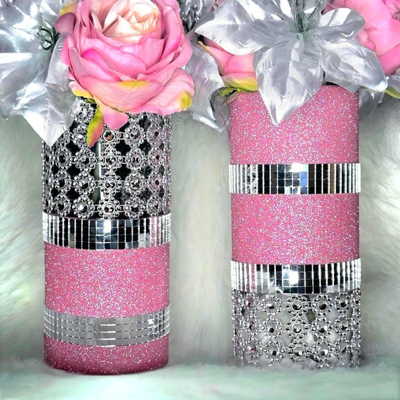 Glitter Vase Set: Mirror Tile & Rhinestone Flower Centerpiece