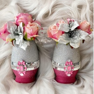 Luxury Glitter Vase with Mirror Tiles, Glam Home Decor, Pink Home Decor, Flower Bouquet Centerpiece, Bedroom Decor, Wedding Decor