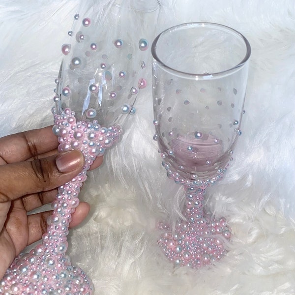 Pearls & Rhinestones Champagne Flutes, Bling Wine Glasses, Glam Wine Glasses, Birthday Gifts, Birthday Girl Wine Glass, Anniversary Gifts