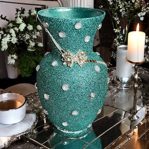 Teal Glitter Flower Vase: Mirror Tile & Acrylic Diamond Glam Decor