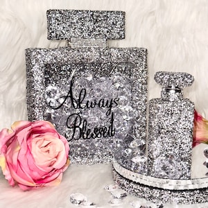 Crushed Diamond Rhinestones Perfume Bottle Shadow Box With or Without Fairy Lights
